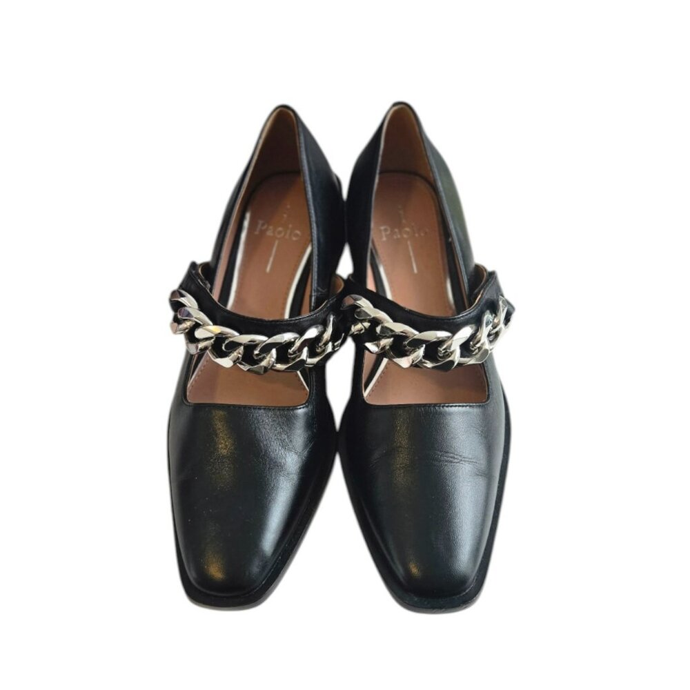 Paolo 7.5 Loafers With Heel Black Silver Chain Velcro Strap NWOT